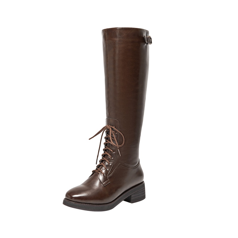 马克华菲女鞋2018冬季欧美风长靴高筒女靴时装靴加绒女鞋平底高帮女鞋简约百搭骑士女靴