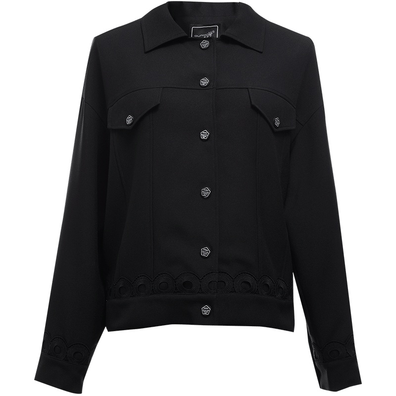 欧昵雪ins翻领字母扣长袖短款外套女显瘦夹克上衣