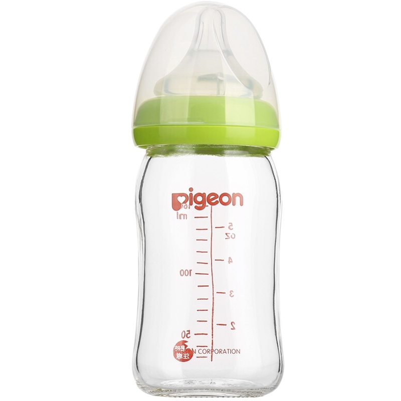 贝亲(Pigeon)宽口径玻璃奶瓶自然实感防胀气160ml配SS奶嘴(绿色旋盖)AA72