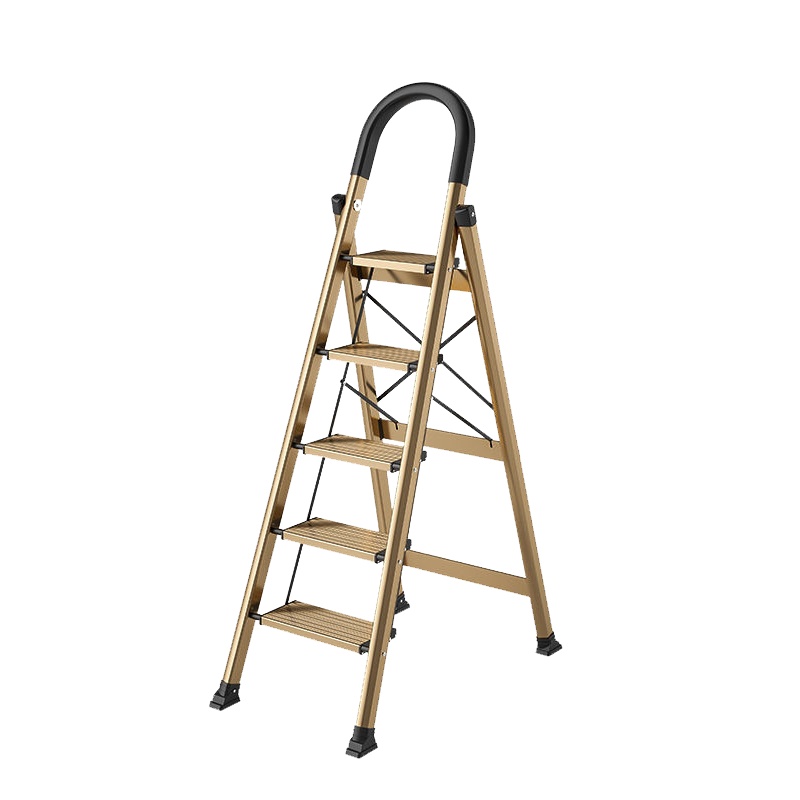 肯泰简约便携型家用折叠梯加厚铝合金人字梯五步金色