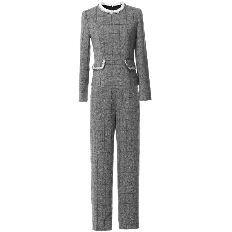 欧昵雪长袖上衣休闲九分裤OL格子小香风时尚套装女两件套