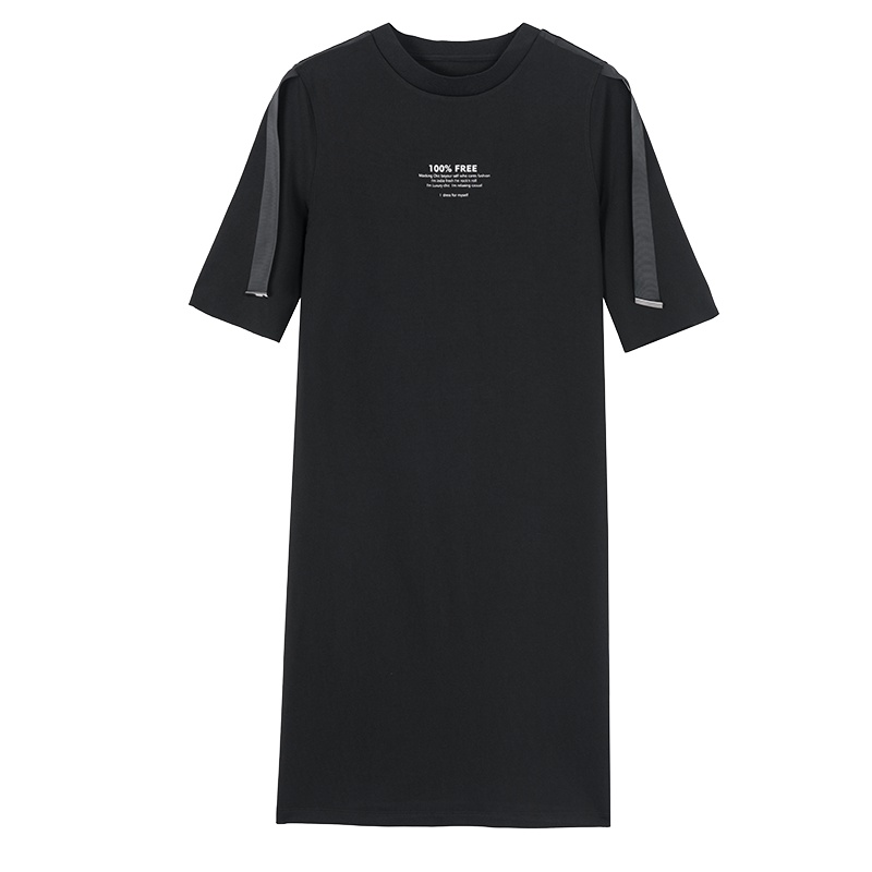 马克华菲女装2019秋中长款圆领短袖百搭休闲针织连衣裙