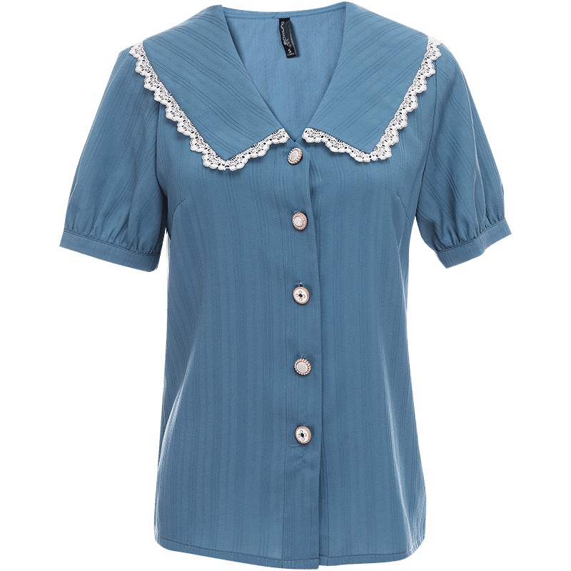 欧昵雪夏季减龄花边娃娃领宽松显瘦衬衫女洋气短袖上衣