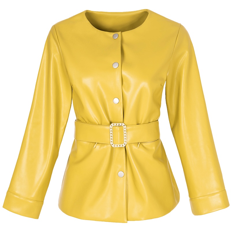 晚白2021春季新品简约纯色修身收腰圆领长袖百搭减龄皮衣外套女