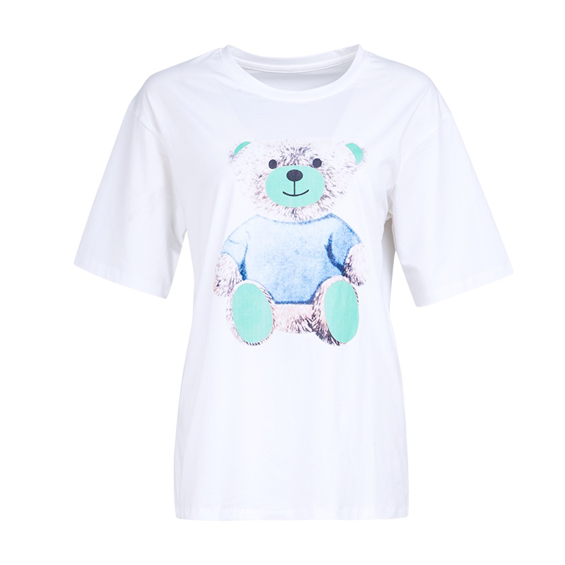 晚白休闲百搭圆领小熊印花宽松常规款短袖T恤上衣女