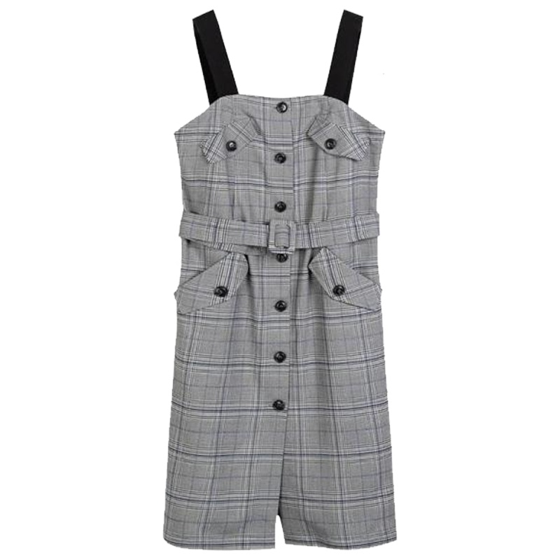 【热卖】拉夏贝尔吊带连衣裙女2019春季新款春韩版格子高腰背带长裙一步裙10015648