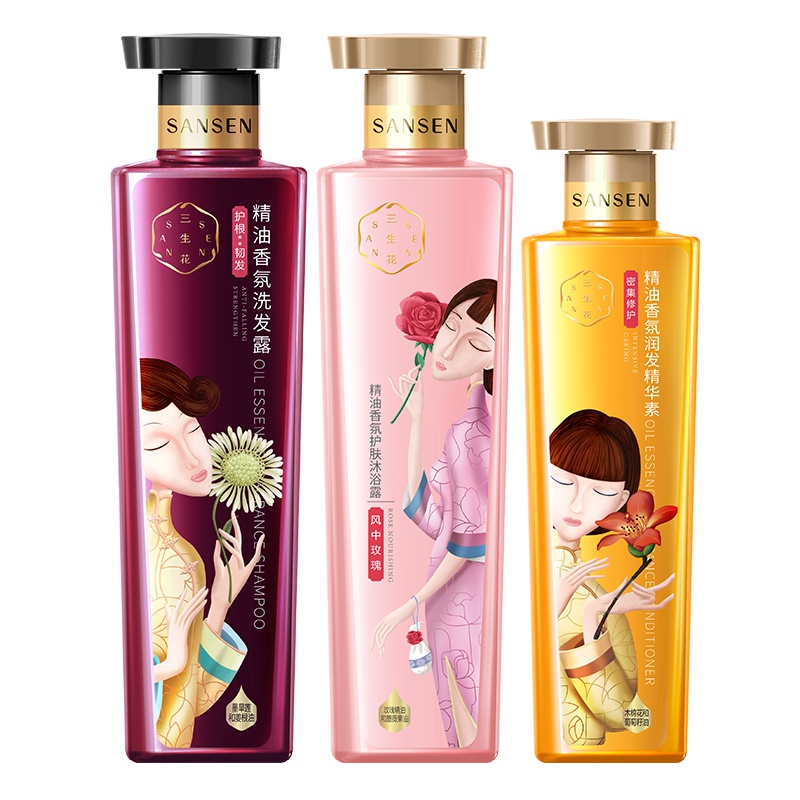 百雀羚三生花洗发水精油香氛护根韧发洗发800ml+玫瑰沐浴800ml+护发素500ml男女通用