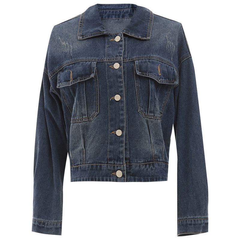 欧昵雪翻领长袖宽松短款外套女复古显瘦水洗牛仔外套