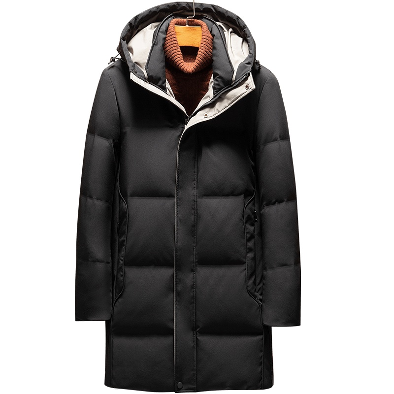 新品时尚简约连帽中长款纯色白鸭绒男士保暖羽绒服1013YA19906