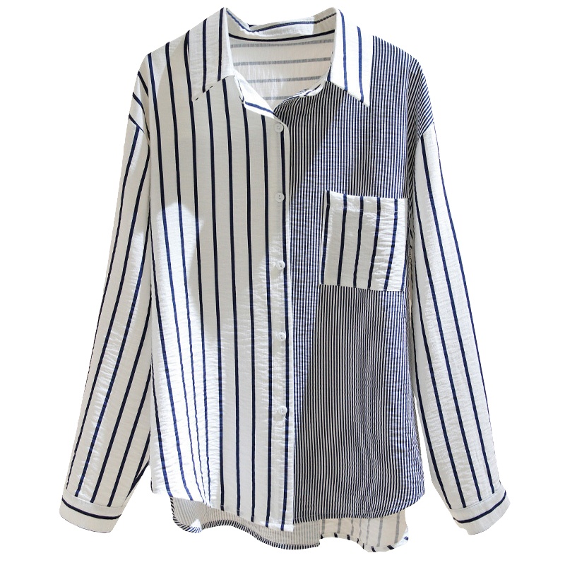 小样传奇 拼接条纹长袖衬衫女设计感小众2024春秋季新款女装韩版宽松衬衣bf上衣潮