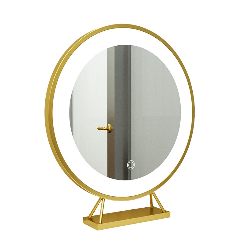 [规格:带灯直径50cm]北欧金色网红梳妆镜子 台式带灯led圆形公主镜 化妆店变色化妆镜