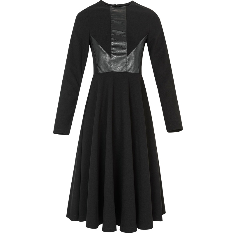 晚白2021春季新品简约时尚百搭通勤纯色圆领长袖修身A字连衣裙女