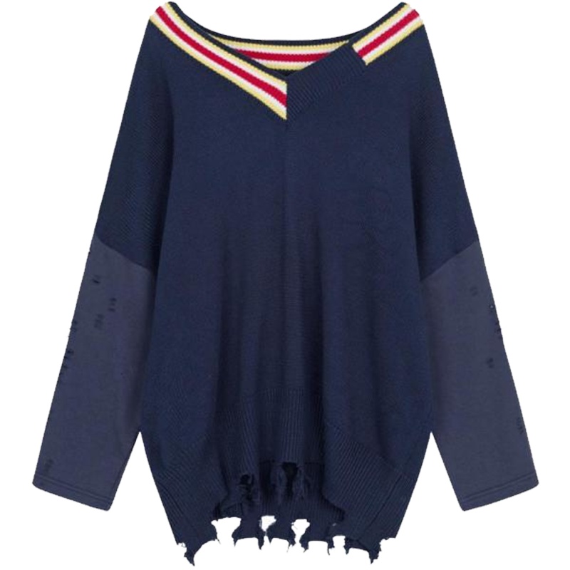 【热卖】宽松v领毛针织衫2019秋冬季新款拼接复古中长袖长款连衣裙子女装