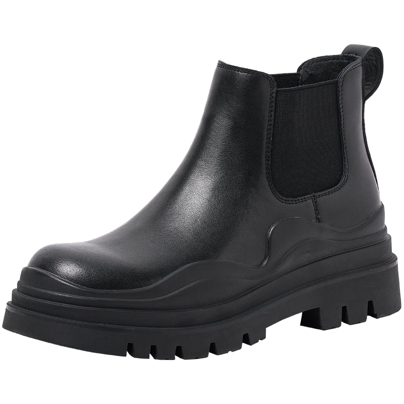 百田森2021冬季新款烟筒靴女短筒真皮撞色厚底mona拼接切尔西短靴