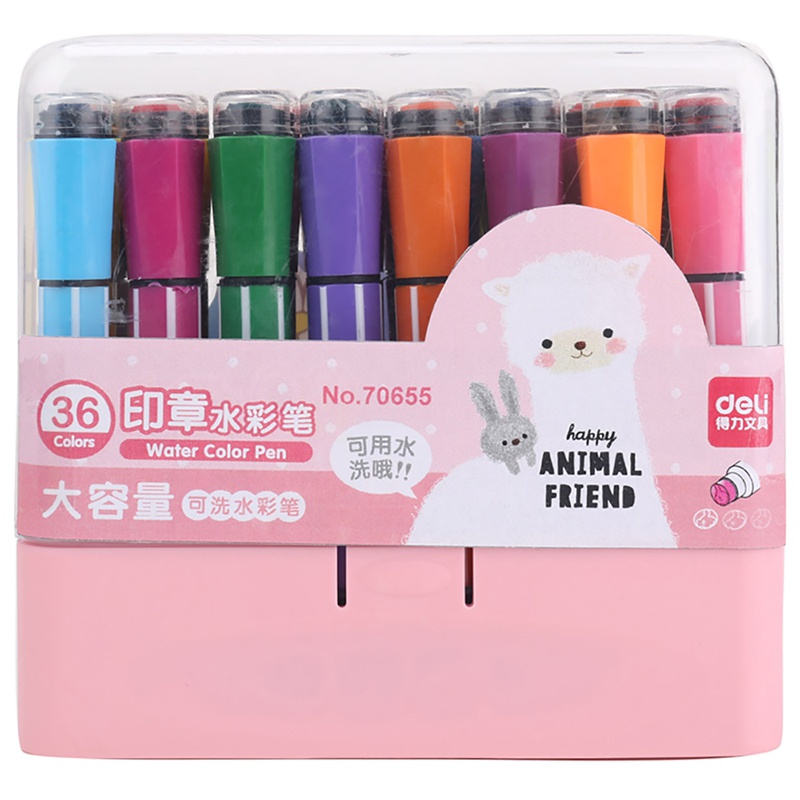 得力(deli)70655水彩笔36色带印章 可水洗彩笔 美术绘画笔 图画笔 涂鸦笔 学生文具 笔类