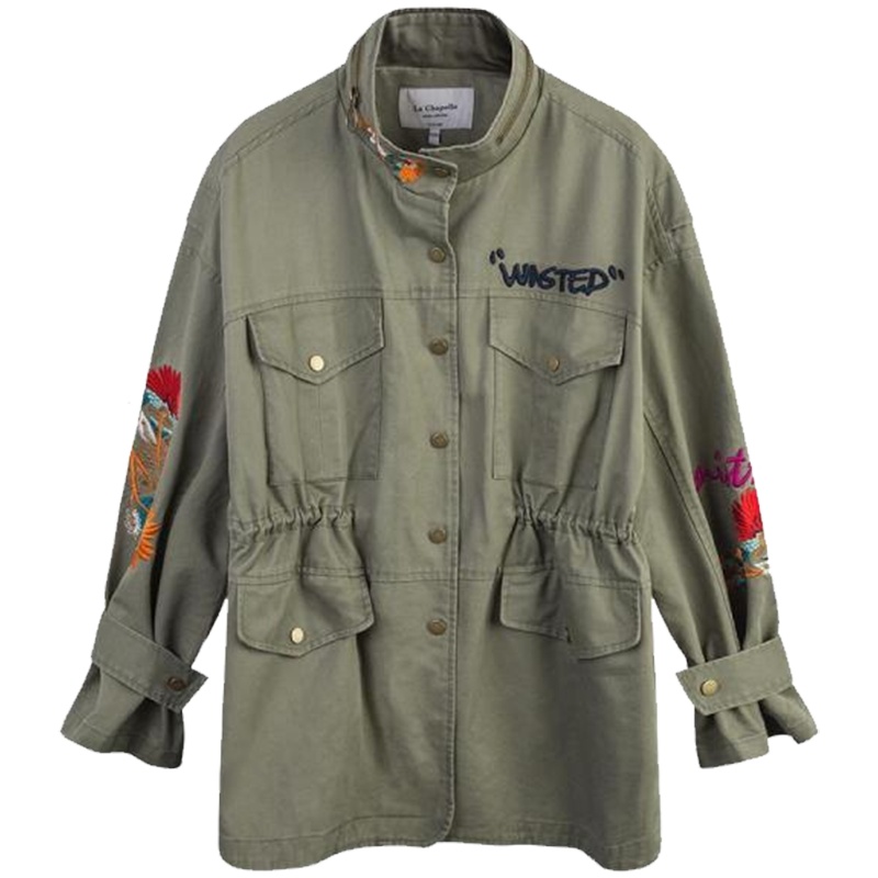 【热卖】拉夏贝尔绣花时尚外套女2019春季新款秋宽松女装学生口袋工装外衣