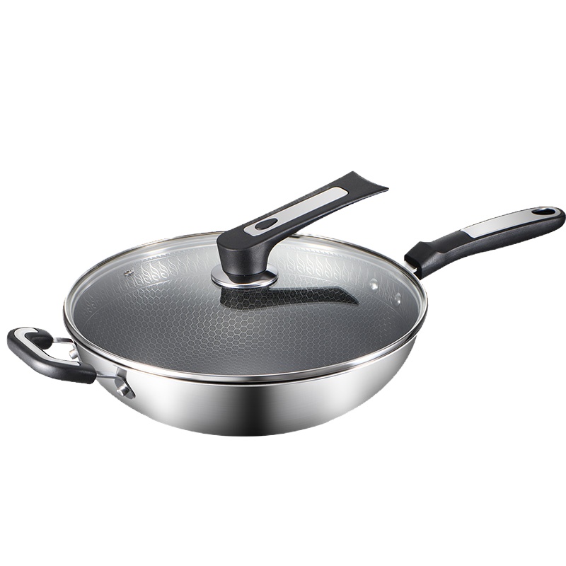 双枪304不锈钢不粘锅家用炒菜锅电磁炉煤气灶专用无烟平底锅锅具有副耳