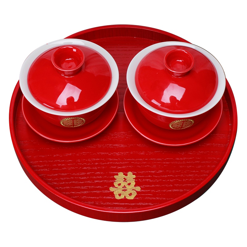 霁颜婚庆喜事连连印章底款260ml甜汤碗135ml盖碗套装(礼盒装) 婚庆敬茶杯敬酒喜碗改口茶具套装陪嫁结婚红碗套装