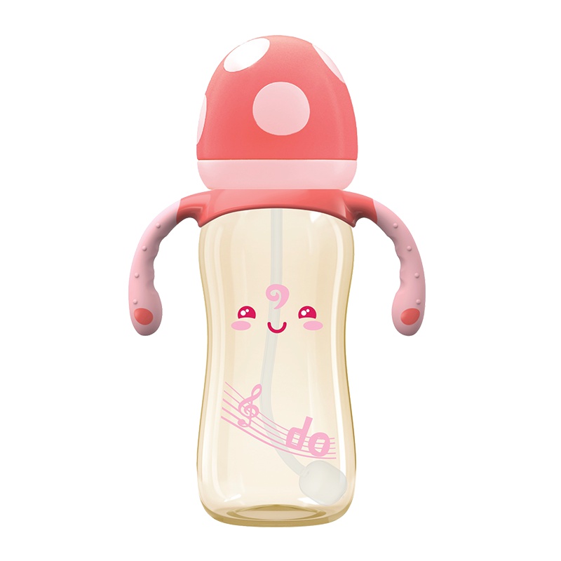 bobo乐儿宝蘑菇奶瓶 宽口径ppsu耐摔带手柄吸管 防胀气小金瓶 适合9个月以上 330ML红色BP1706-YR
