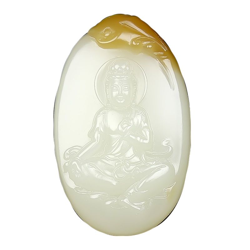 印象眸 和田玉吊坠 糖白玉鹿坐莲观音平安扣黄口料菩萨孤品玉石挂件多款可选 附送证书