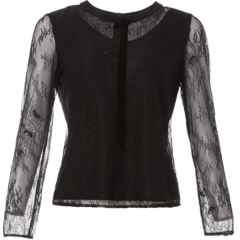 LIEDOW/蕾朵女装春季新款蕾丝衫圆领镂空长袖气质百搭显瘦打底衫