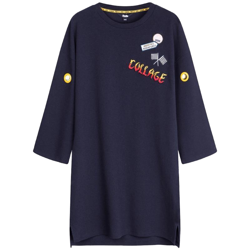 【专柜同款】宽松连衣裙女套头2018春装新款韩版时尚百搭学生七分袖短款裙子20011678