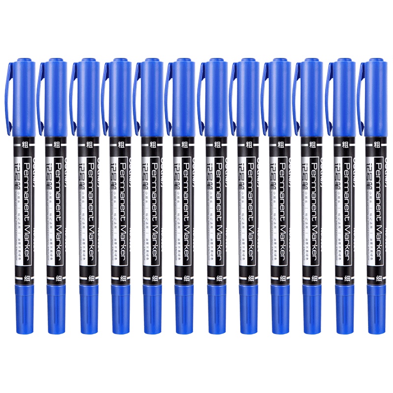 得力(deli)6824双头油性记号笔 蓝色 12支/盒 儿童绘画勾线笔 粗头细头标记马克笔 油性笔 水笔 笔类