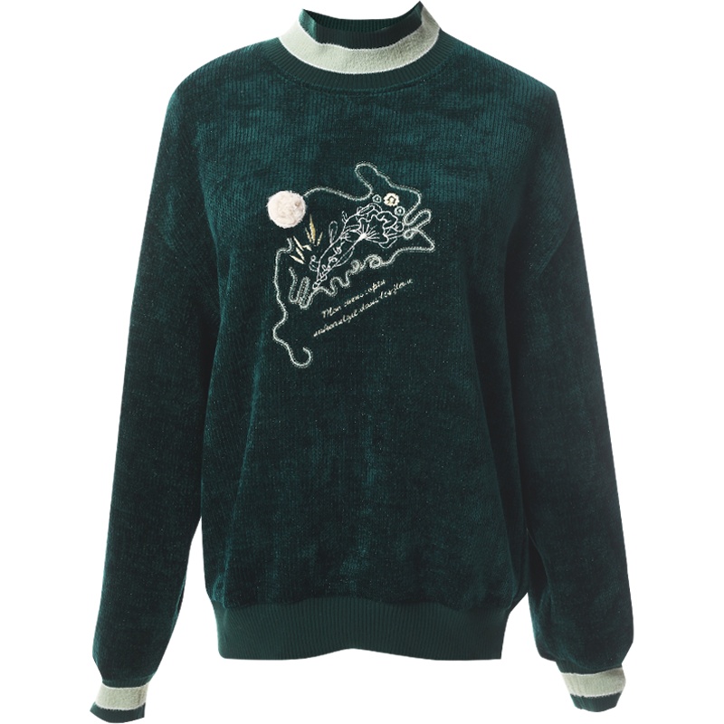 欧昵雪冬装休闲半高领花卉绣花雪尔绒卫衣女宽松显瘦上衣