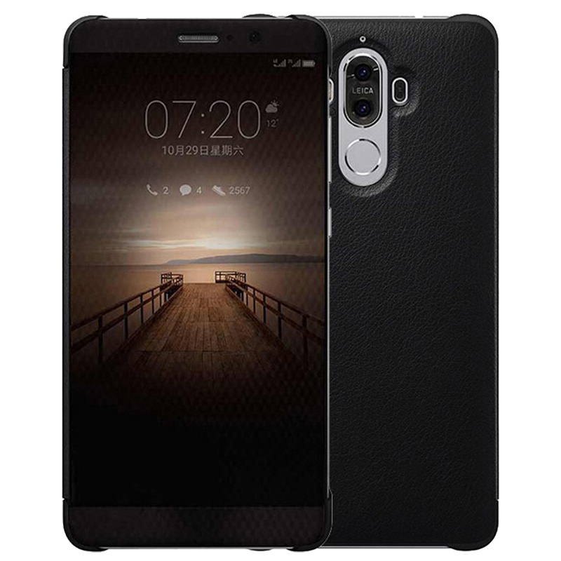 送钢化膜]溪特 华为mate9手机壳原装翻盖接听电话保护壳(5.9英寸)皮质保护套抗爆防摔商务视窗智能休眠皮套黑色