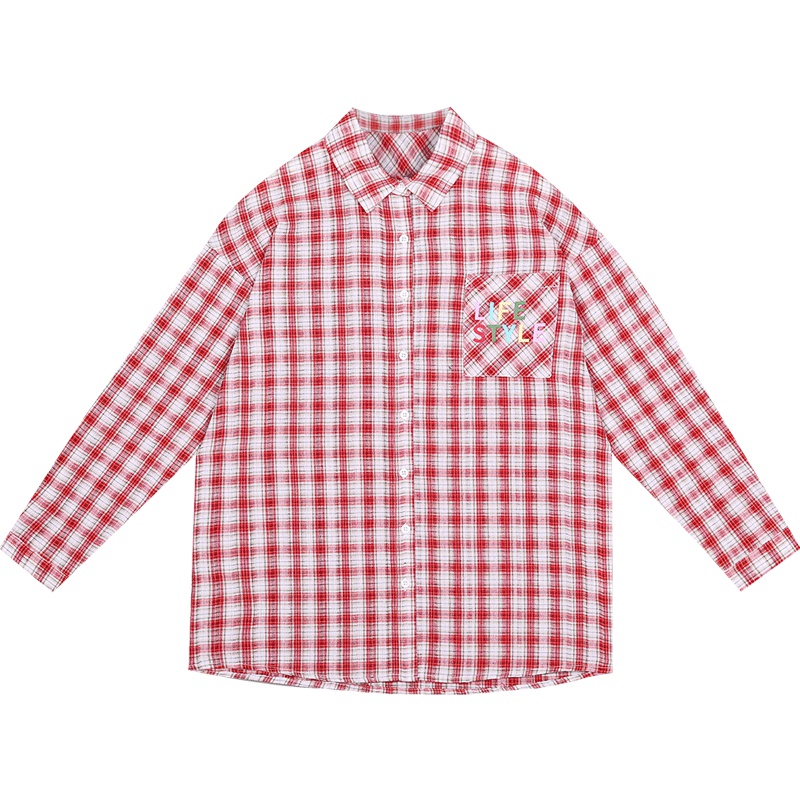 港味chic韩版BF风格子衬衣女秋季2019宽松长袖防晒衬衫学生外套潮