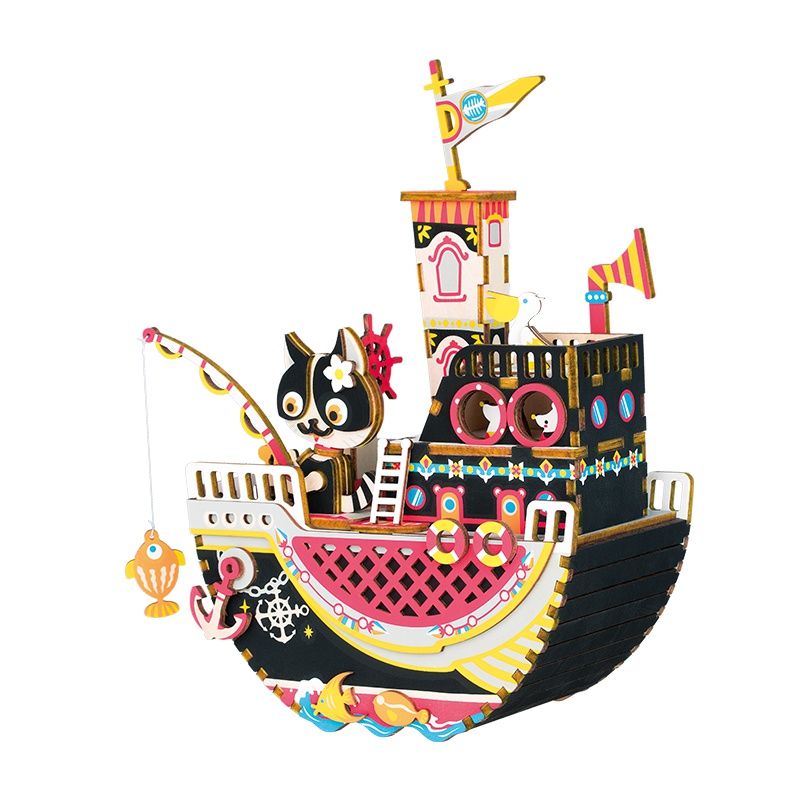 若态若来木质八音盒 diy手工拼装制作儿童创意拼插拼图男生女生生日礼物音乐盒玩具 AMD42猫趣