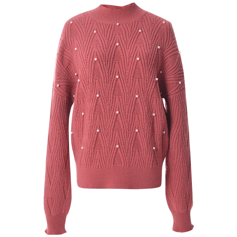 欧昵雪冬装时尚半高领钉珠宽松针织衫女慵懒风长袖毛衣