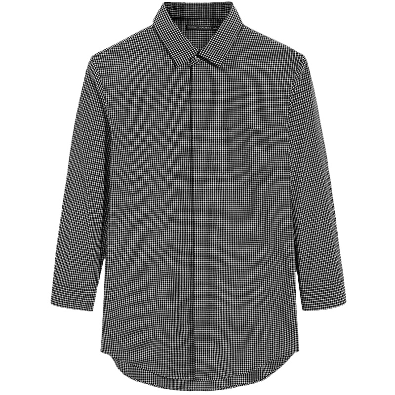 太平鸟男装2019夏季新款青年细格纹中袖衬衫暗襟七分袖休闲衬衫