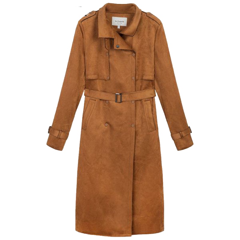 拉夏贝尔春秋新款时尚名媛长袖系带显瘦仿鹿麂皮中长款过膝风衣女10015928