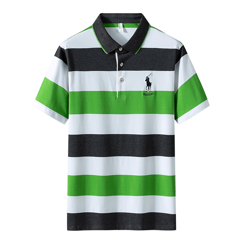 LEEVIRHINO2021年夏季新款商务休闲男士短袖Polo衫男装中青年棉质高弹力拼色条纹绣花翻领t恤男士体恤李维犀牛