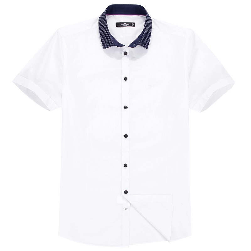 柒牌SEVEN男装衬衫夏装撞色领休闲短袖衬衫修身纯色纯棉衬衫