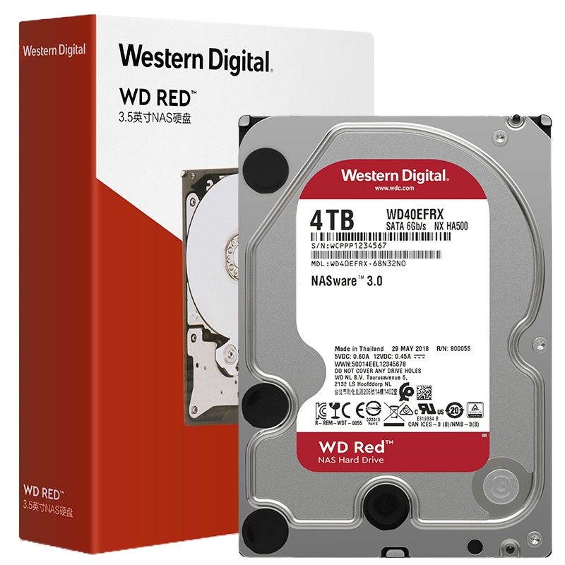 西部数据(WD)红盘 4TB SATA6Gb/s 台式机硬盘(WD40EFAX) 4T 网络存储NAS硬盘5400转