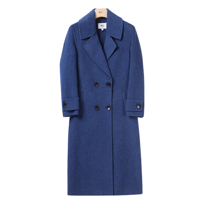 晚白2019冬季新品通勤百搭优雅纯色西装领双排扣羊毛呢子大衣外套女