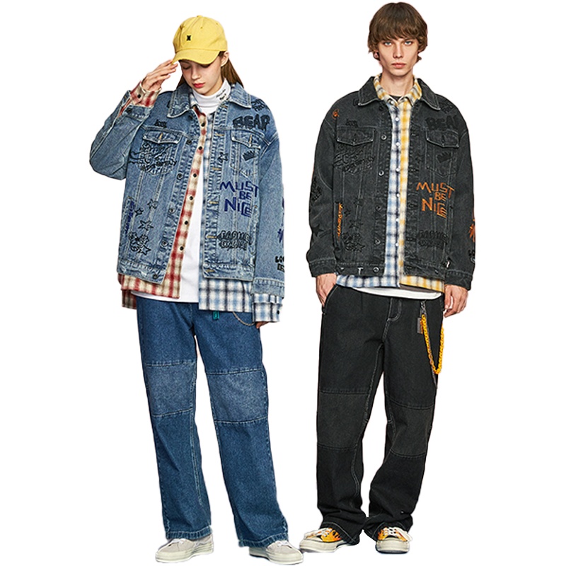 LILBEAR小熊牛仔外套男潮牌手绘涂鸦满印夹克情侣宽松老爹外衣潮【尺码偏大 建议拍小一码】