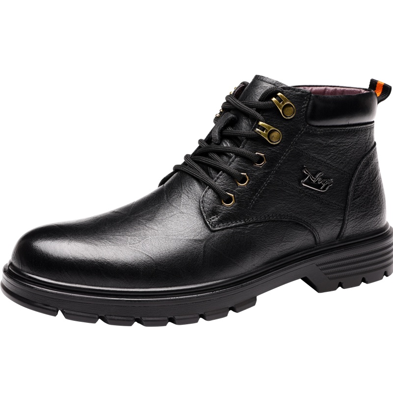红蜻蜓男鞋冬季新款英伦真皮休闲皮鞋加绒保暖厚底系带马丁靴