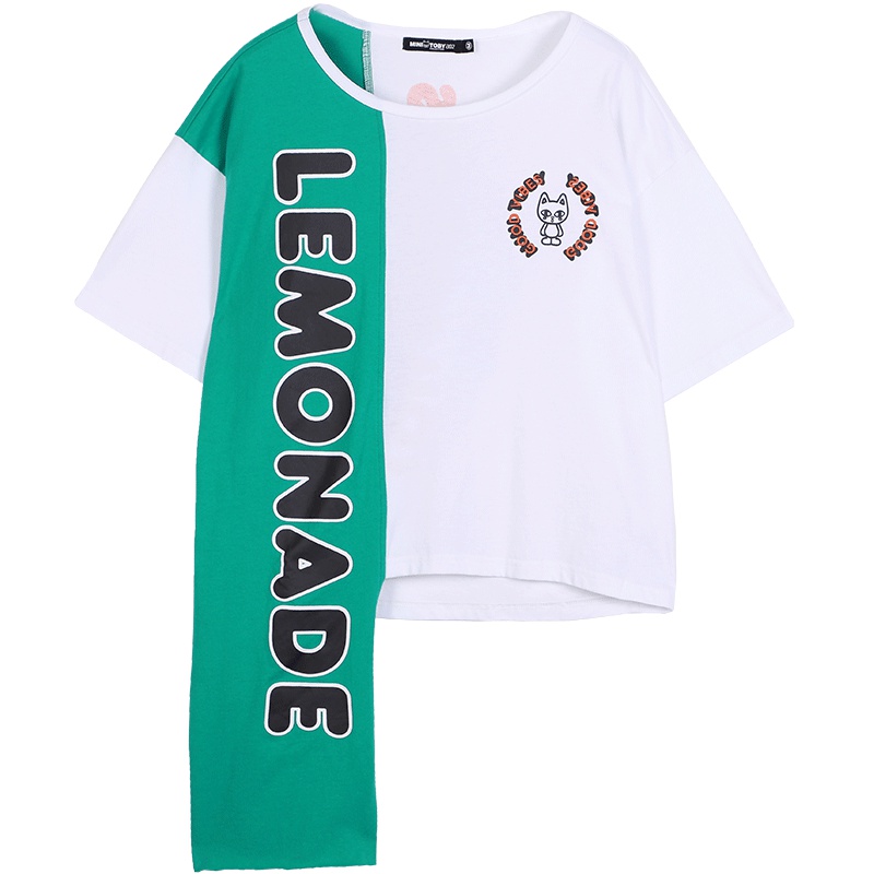 a02新款个性街头风字母印花拼色不规则短袖T恤女DTU2D1071KT