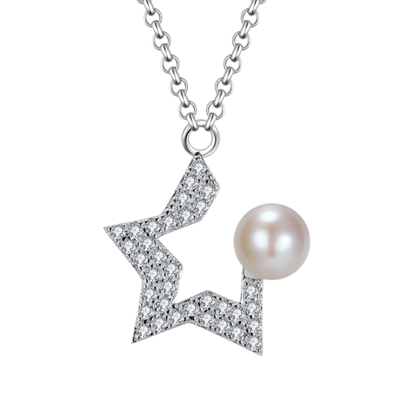 佰色传情(BRIR) 缺口五角星珍珠吊坠女S925银项链气质锁骨链
