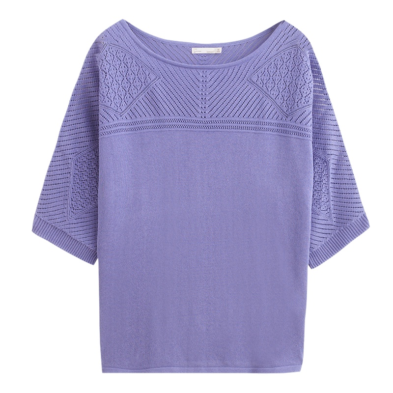 茵曼2019夏装新款纯色精致镂空七分袖船领宽松百搭针织衫上衣女