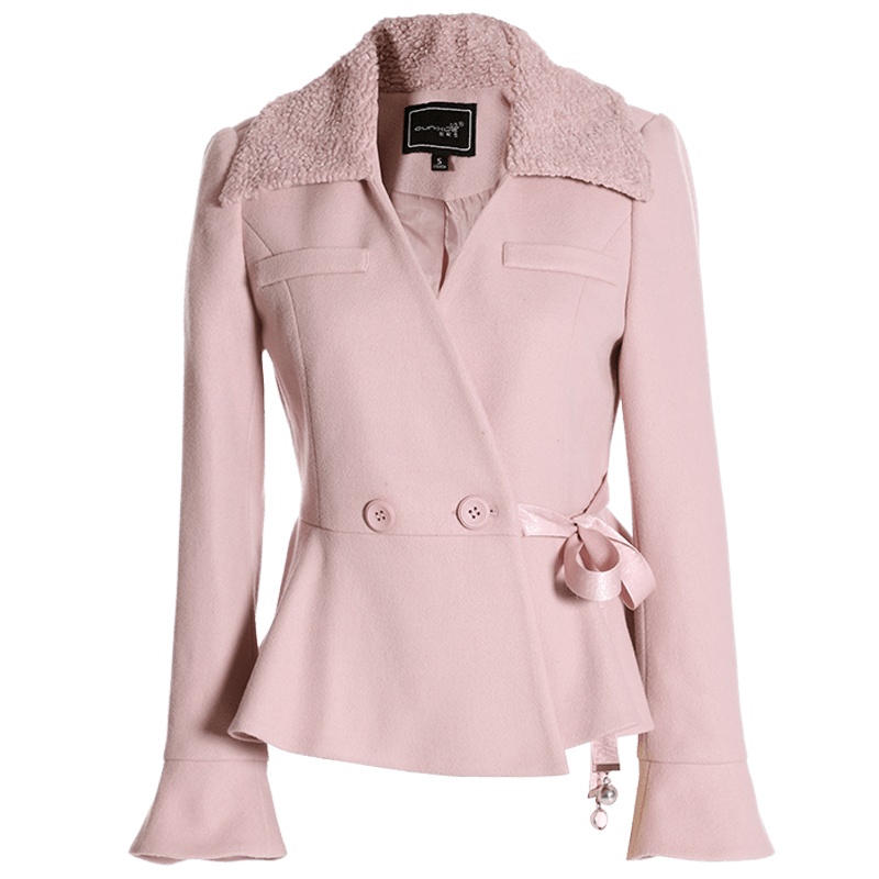 欧昵雪秋冬季毛领喇叭袖荷叶边收腰小个子毛呢外套女短款