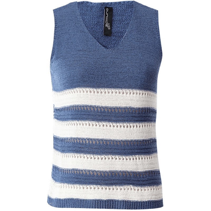 欧昵雪夏季镂空条纹V领套头无袖针织衫上衣女背心打底衫