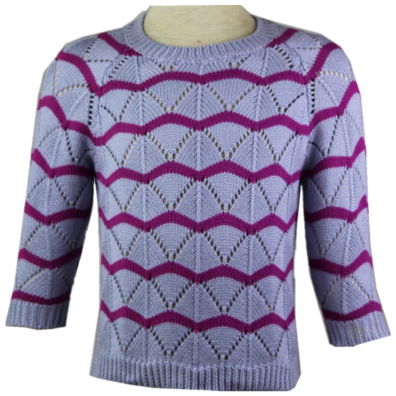 AITYAKU日本婴童服装幼儿宝宝间条线衣罗纹袖口毛衣5my女童针织羊毛衫5my小中大童上衣时尚镂空设计