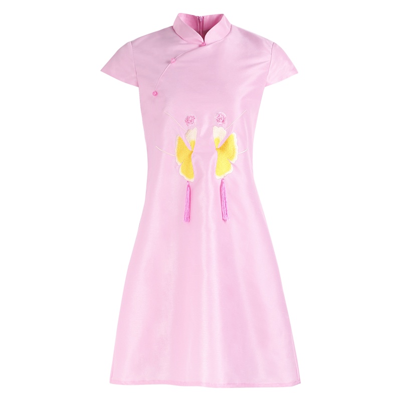 晚白新品优雅复古文艺改良刺绣宽松减龄旗袍气质连衣裙女