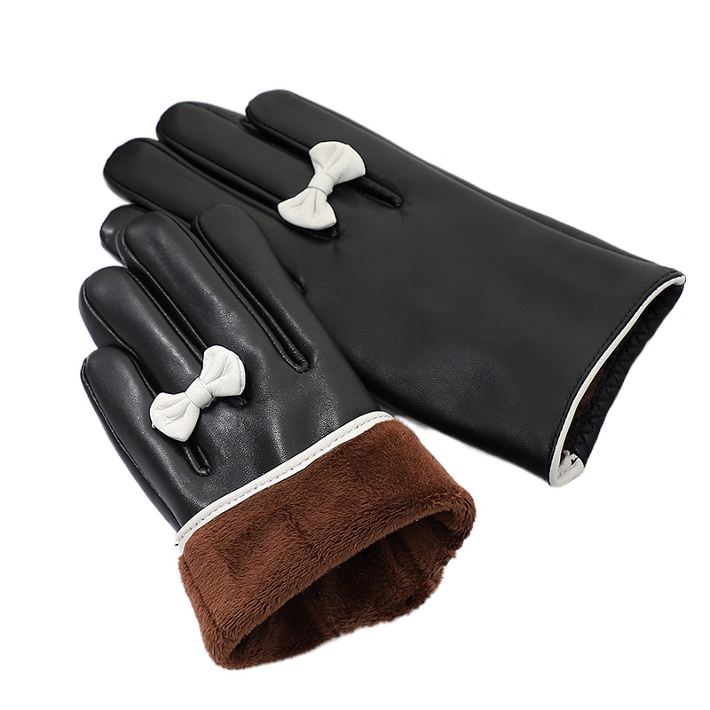 南极人皮手套女冬季保暖加绒冬天时尚可爱防风修手蝴蝶结羊皮触屏手套N2E8X979002 黑色M