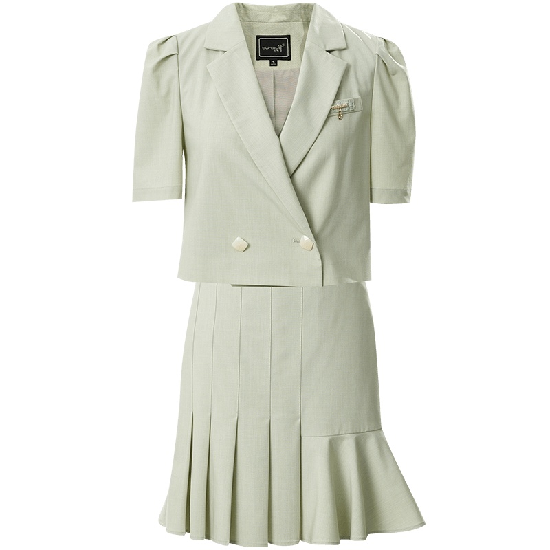 欧昵雪夏季显瘦短袖小西装外套女高腰百褶半身裙两件套装