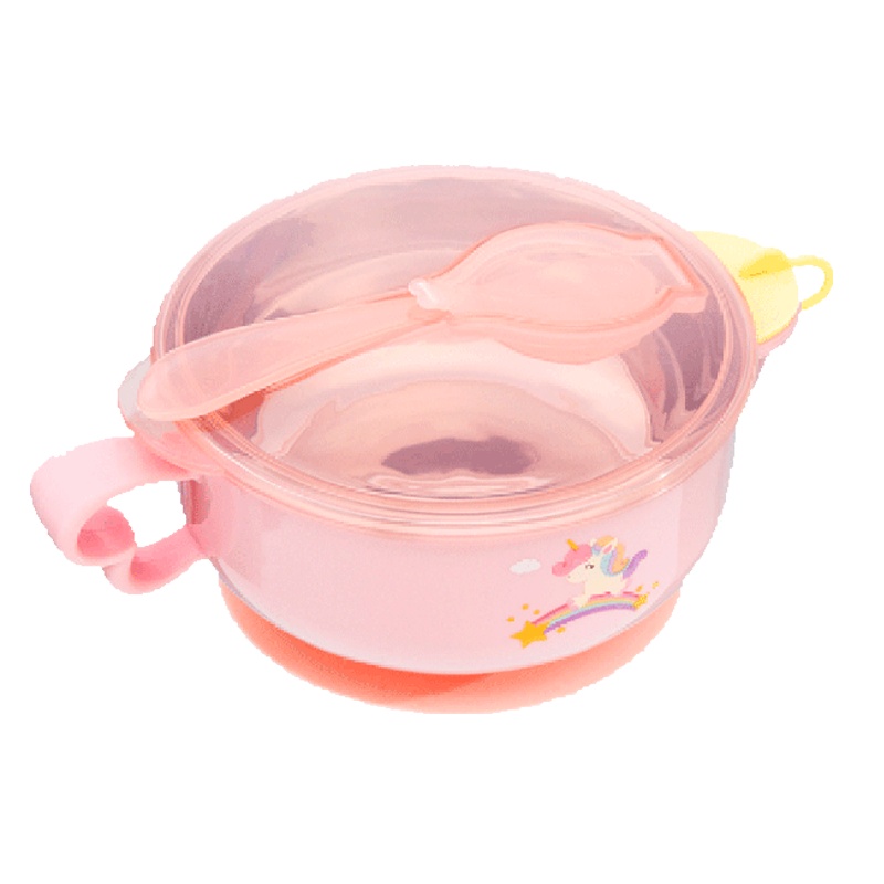 开优米(kiuimi)儿童304不锈钢餐具宝宝注水保温碗吸盘碗带勺子带吸盘三件套粉色